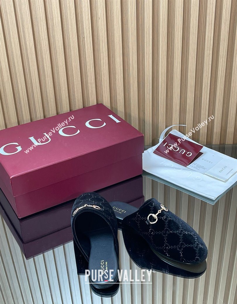 Gucci Strass GG Velvet Flat Mules with Horsebit Black 2025 852373 (SS-251218105)