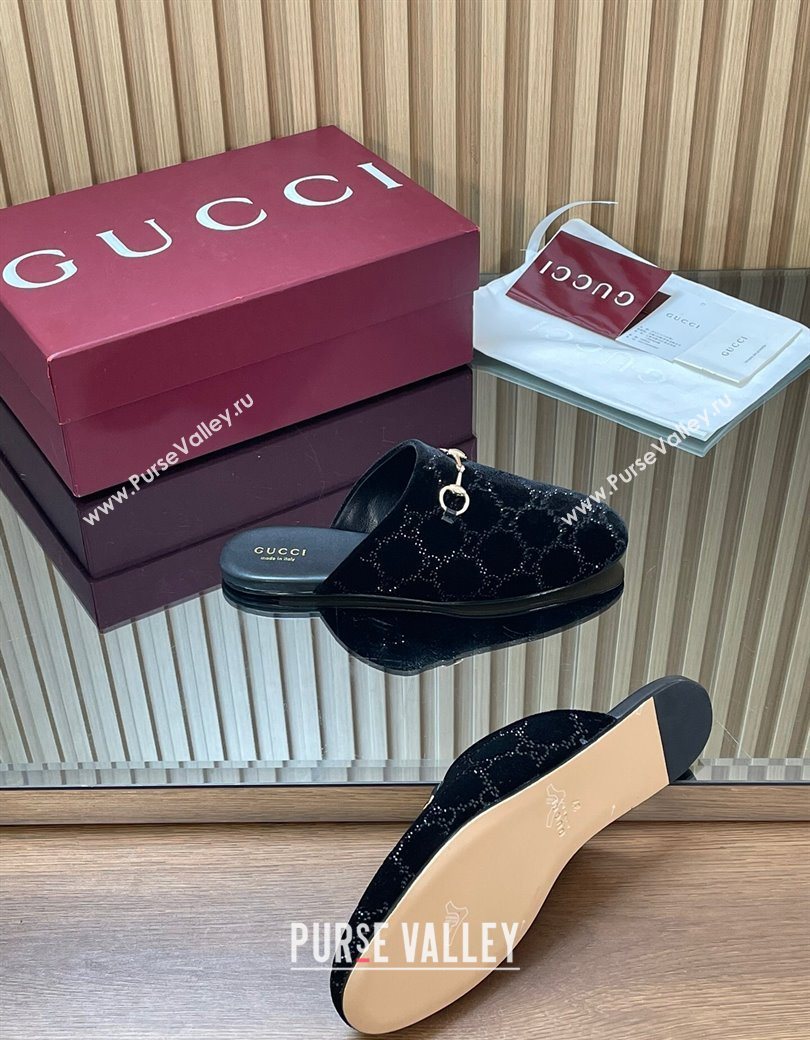 Gucci Strass GG Velvet Flat Mules with Horsebit Black 2025 852373 (SS-251218105)