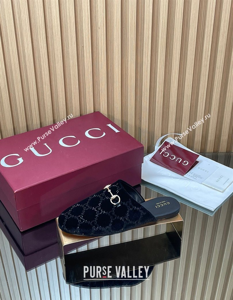Gucci Strass GG Velvet Flat Mules with Horsebit Black 2025 852373 (SS-251218105)
