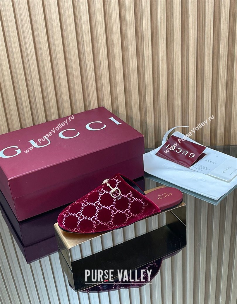 Gucci Strass GG Velvet Flat Mules with Horsebit Red 2025 852373 (SS-251218106)