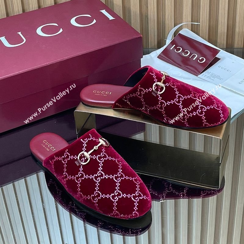 Gucci Strass GG Velvet Flat Mules with Horsebit Red 2025 852373 (SS-251218106)
