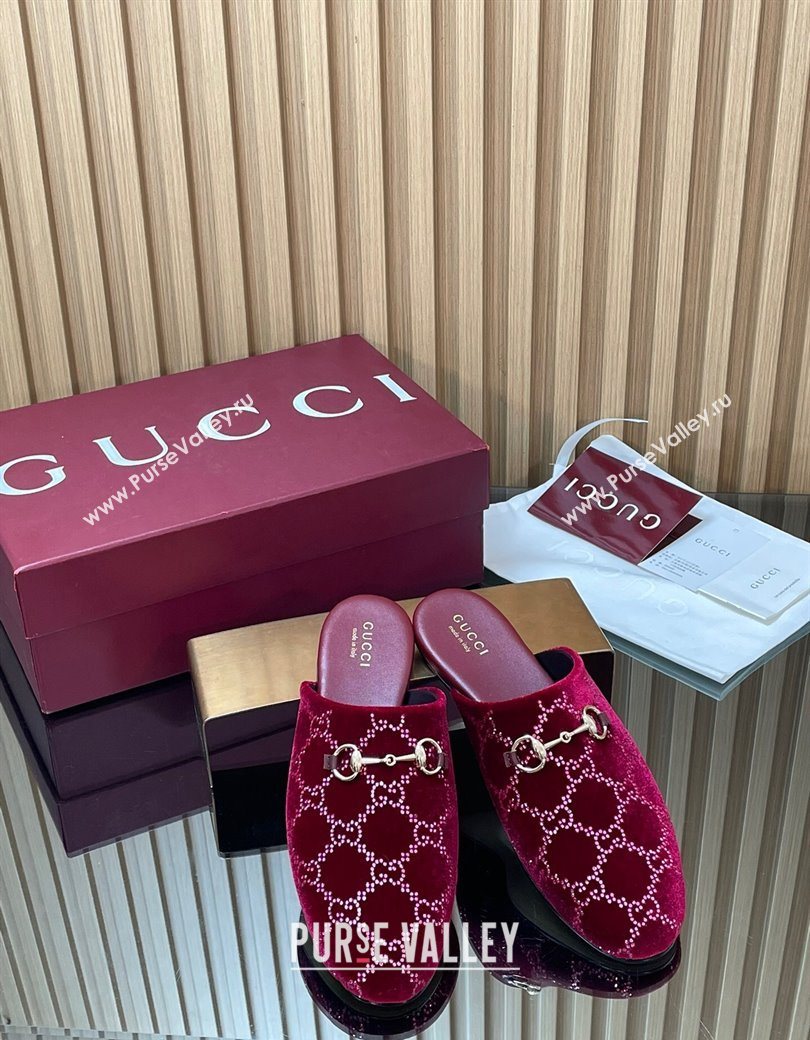 Gucci Strass GG Velvet Flat Mules with Horsebit Red 2025 852373 (SS-251218106)