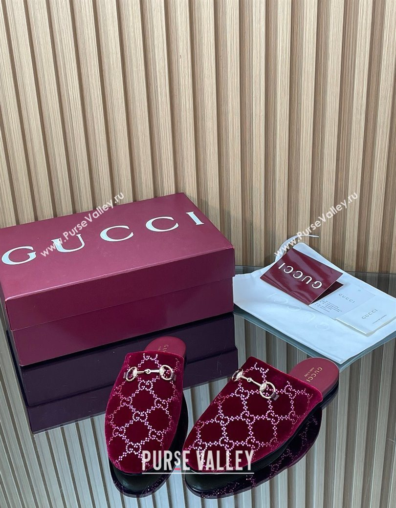 Gucci Strass GG Velvet Flat Mules with Horsebit Red 2025 852373 (SS-251218106)