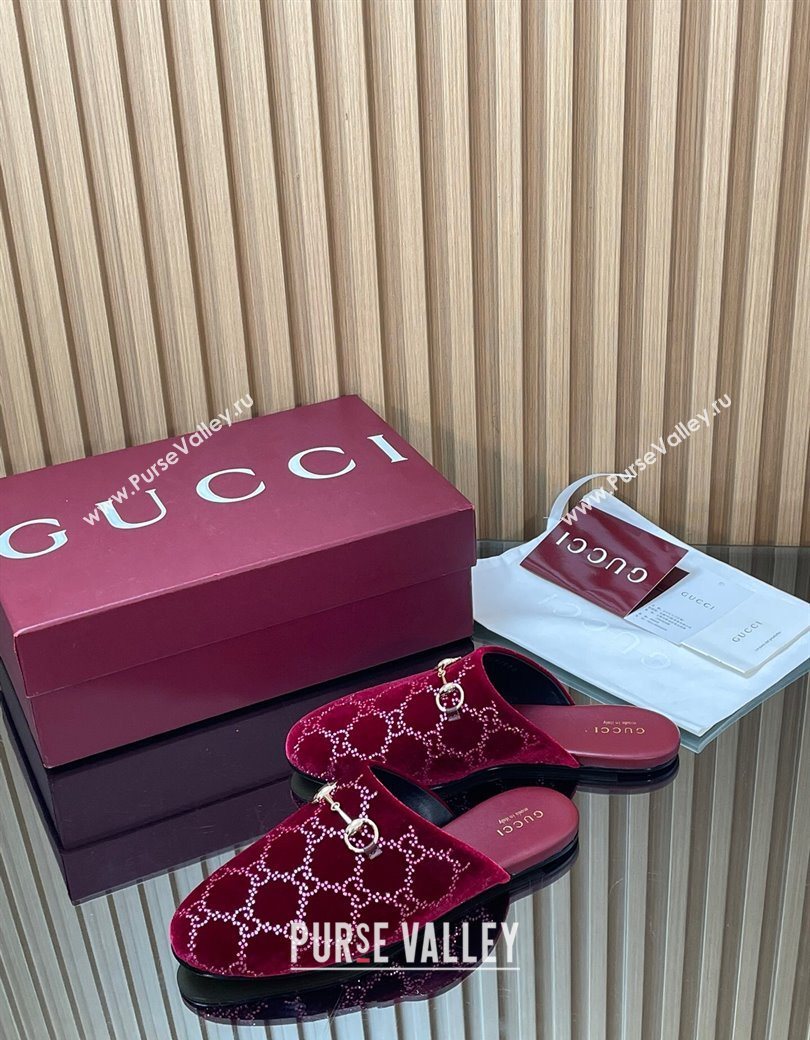 Gucci Strass GG Velvet Flat Mules with Horsebit Red 2025 852373 (SS-251218106)