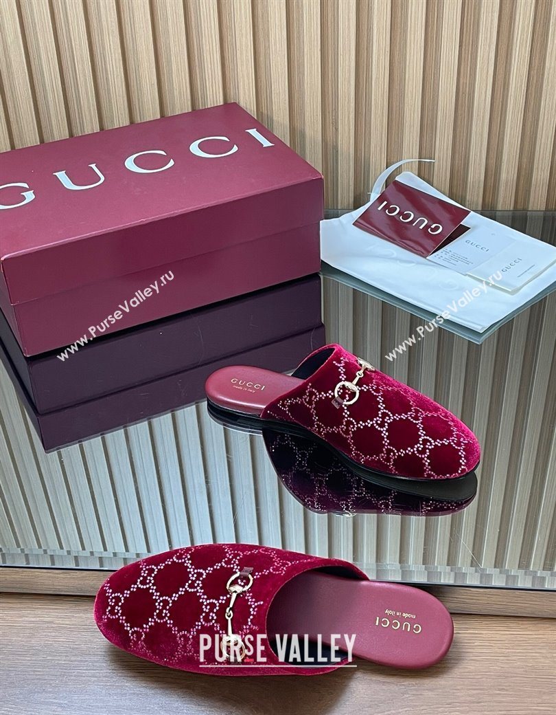 Gucci Strass GG Velvet Flat Mules with Horsebit Red 2025 852373 (SS-251218106)