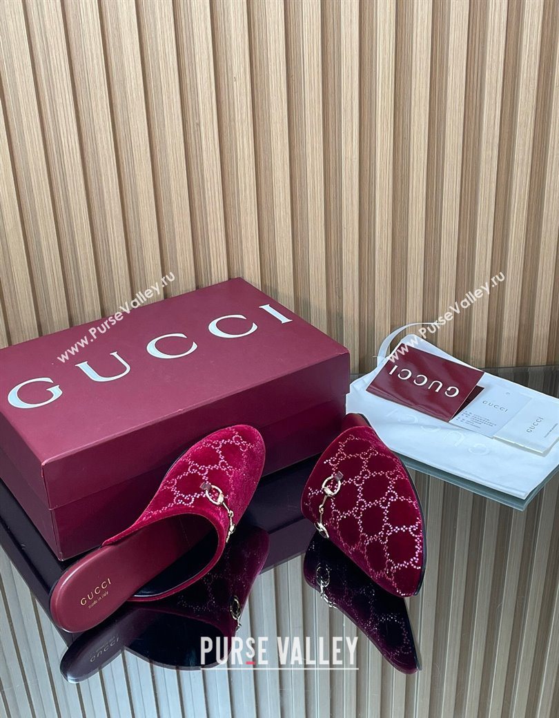 Gucci Strass GG Velvet Flat Mules with Horsebit Red 2025 852373 (SS-251218106)