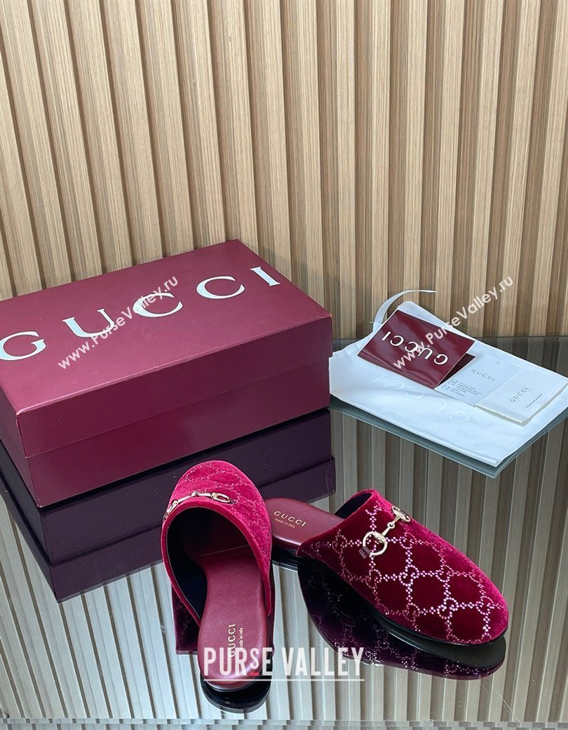 Gucci Strass GG Velvet Flat Mules with Horsebit Red 2025 852373 (SS-251218106)