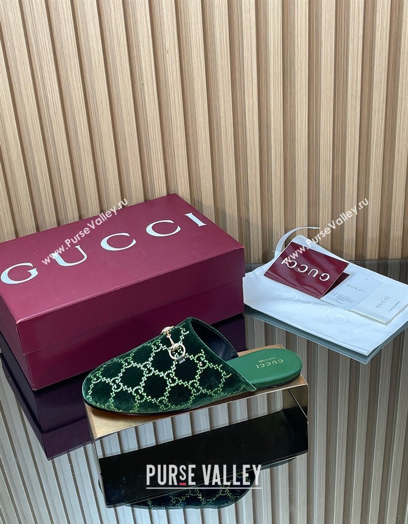 Gucci Strass GG Velvet Flat Mules with Horsebit Green 2025 852373 (SS-251218107)