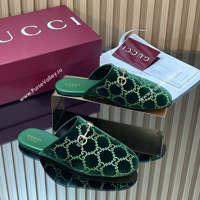 Gucci Strass GG Velvet Flat Mules with Horsebit Green 2025 852373 (SS-251218107)