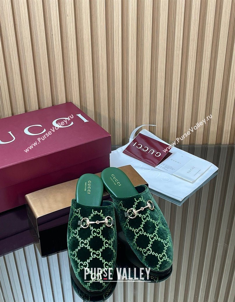 Gucci Strass GG Velvet Flat Mules with Horsebit Green 2025 852373 (SS-251218107)