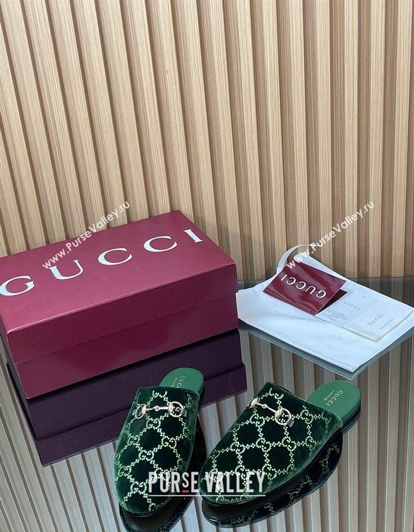 Gucci Strass GG Velvet Flat Mules with Horsebit Green 2025 852373 (SS-251218107)