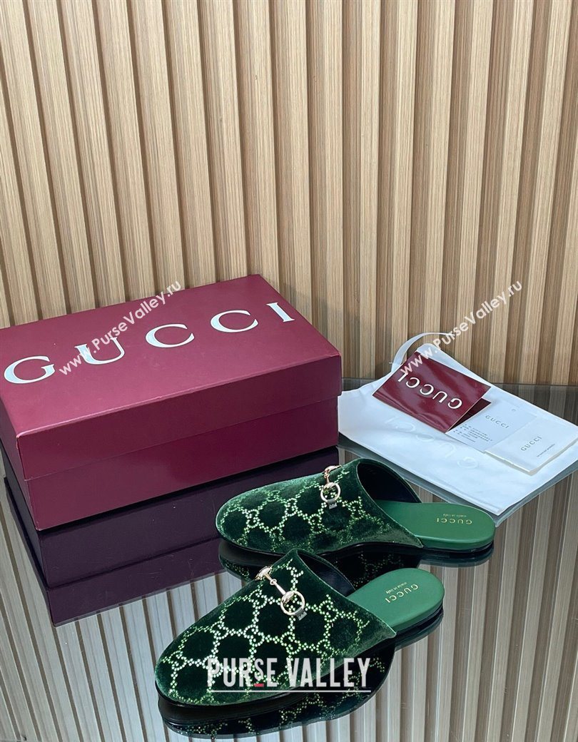 Gucci Strass GG Velvet Flat Mules with Horsebit Green 2025 852373 (SS-251218107)