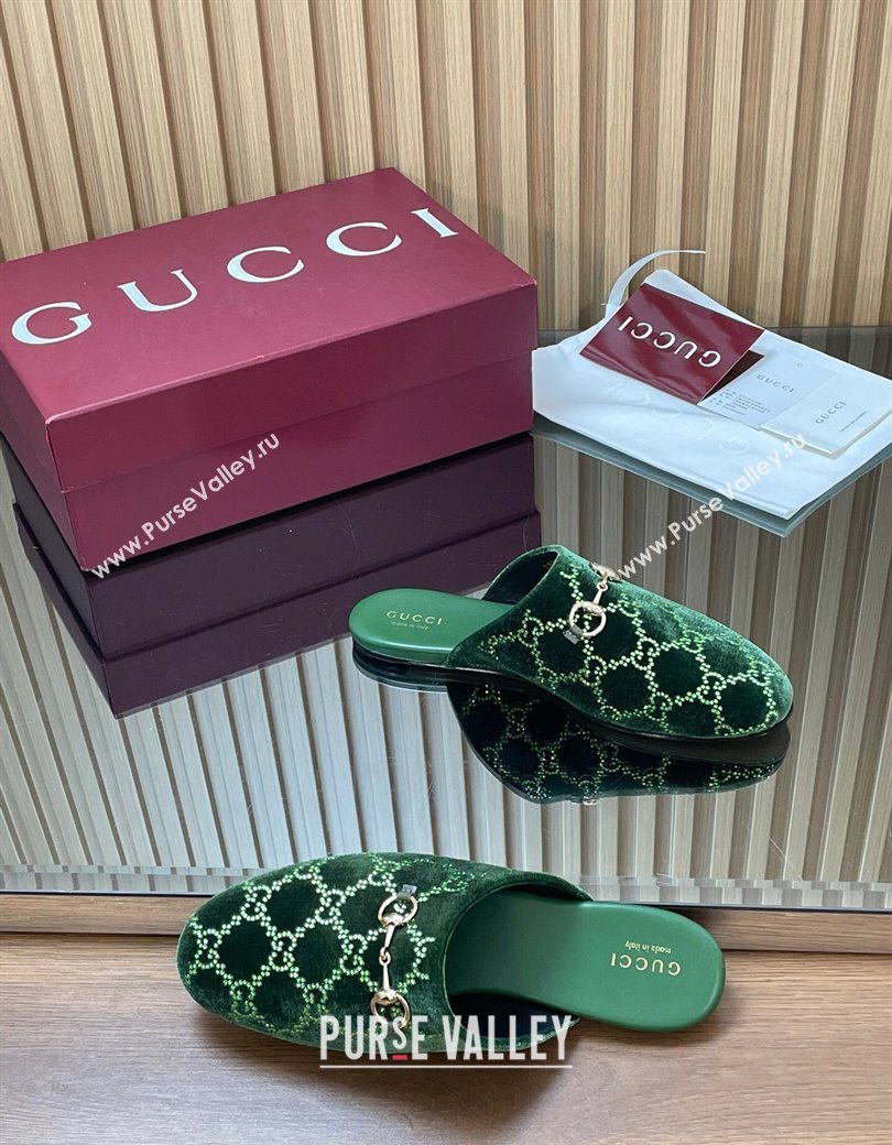 Gucci Strass GG Velvet Flat Mules with Horsebit Green 2025 852373 (SS-251218107)
