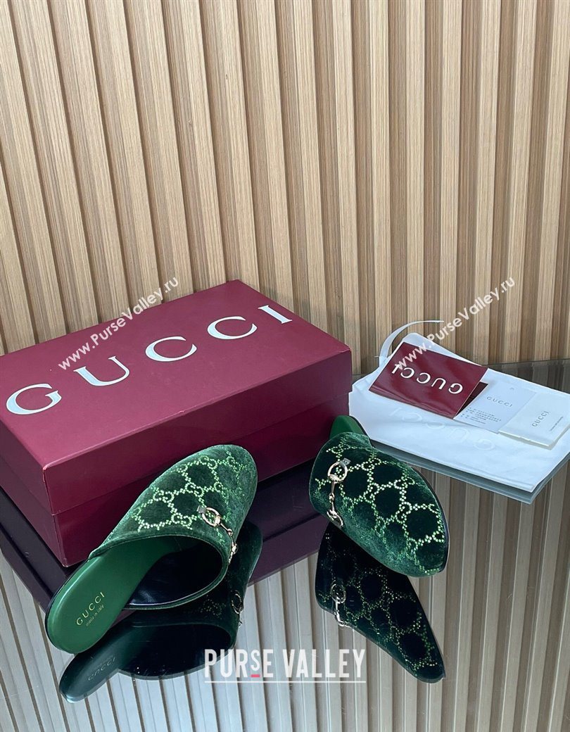 Gucci Strass GG Velvet Flat Mules with Horsebit Green 2025 852373 (SS-251218107)