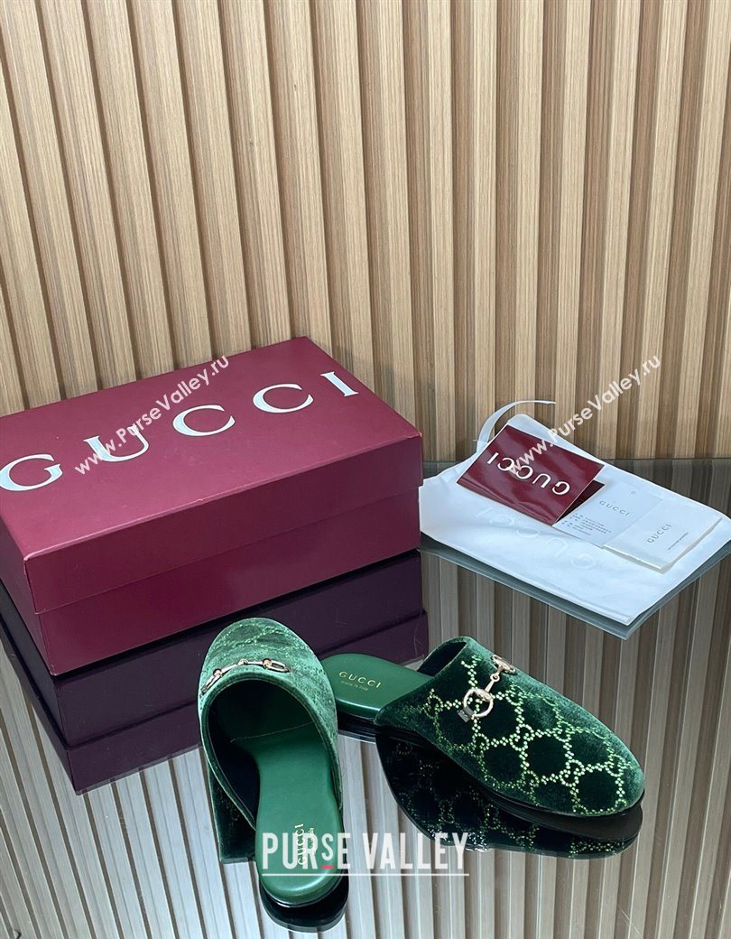 Gucci Strass GG Velvet Flat Mules with Horsebit Green 2025 852373 (SS-251218107)