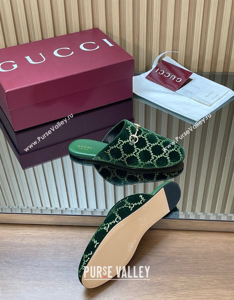 Gucci Strass GG Velvet Flat Mules with Horsebit Green 2025 852373 (SS-251218107)