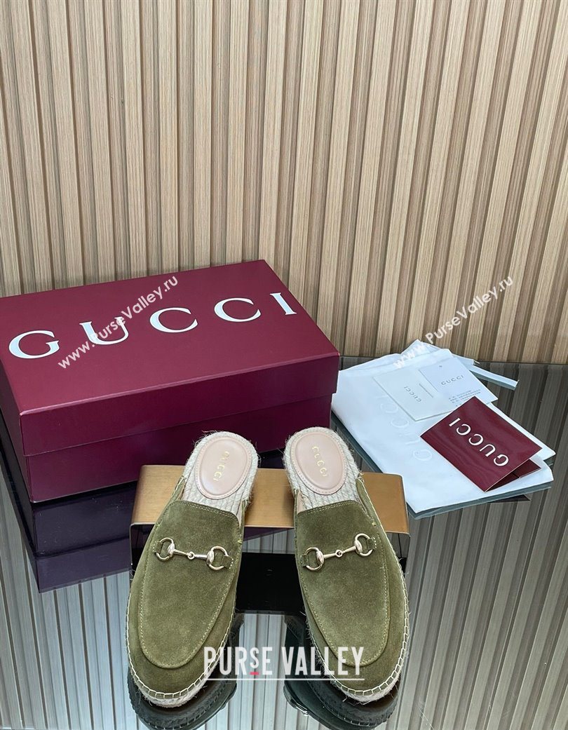 Gucci Suede Flat Espadrille Mules with Horsebit Green 2025 GG121805 (MD-251218117)