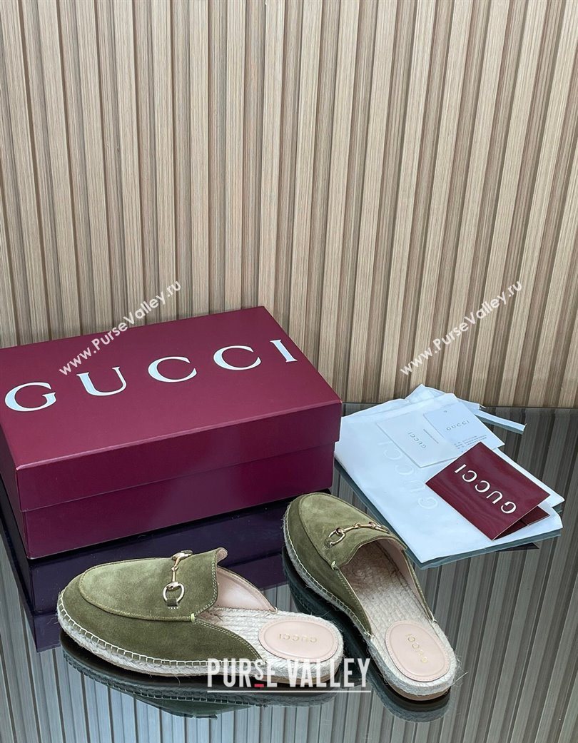 Gucci Suede Flat Espadrille Mules with Horsebit Green 2025 GG121805 (MD-251218117)
