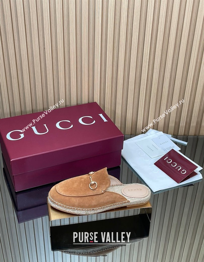Gucci Suede Flat Espadrille Mules with Horsebit Light Brown 2025 GG121805 (MD-251218120)