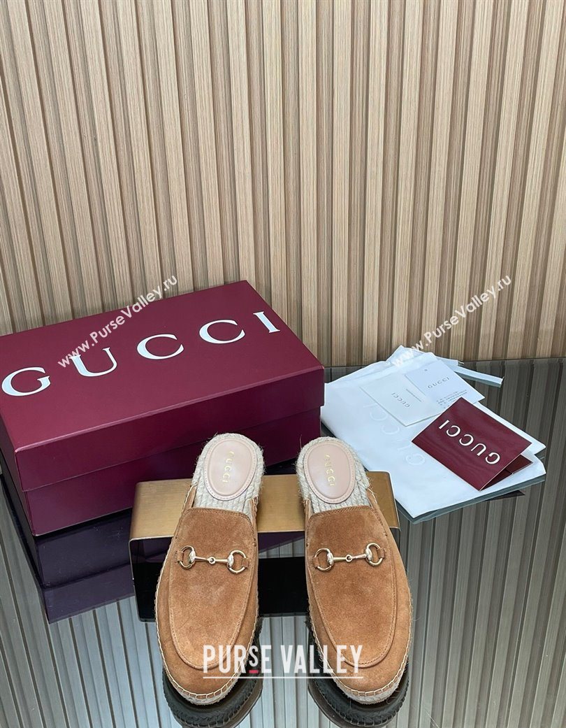 Gucci Suede Flat Espadrille Mules with Horsebit Light Brown 2025 GG121805 (MD-251218120)
