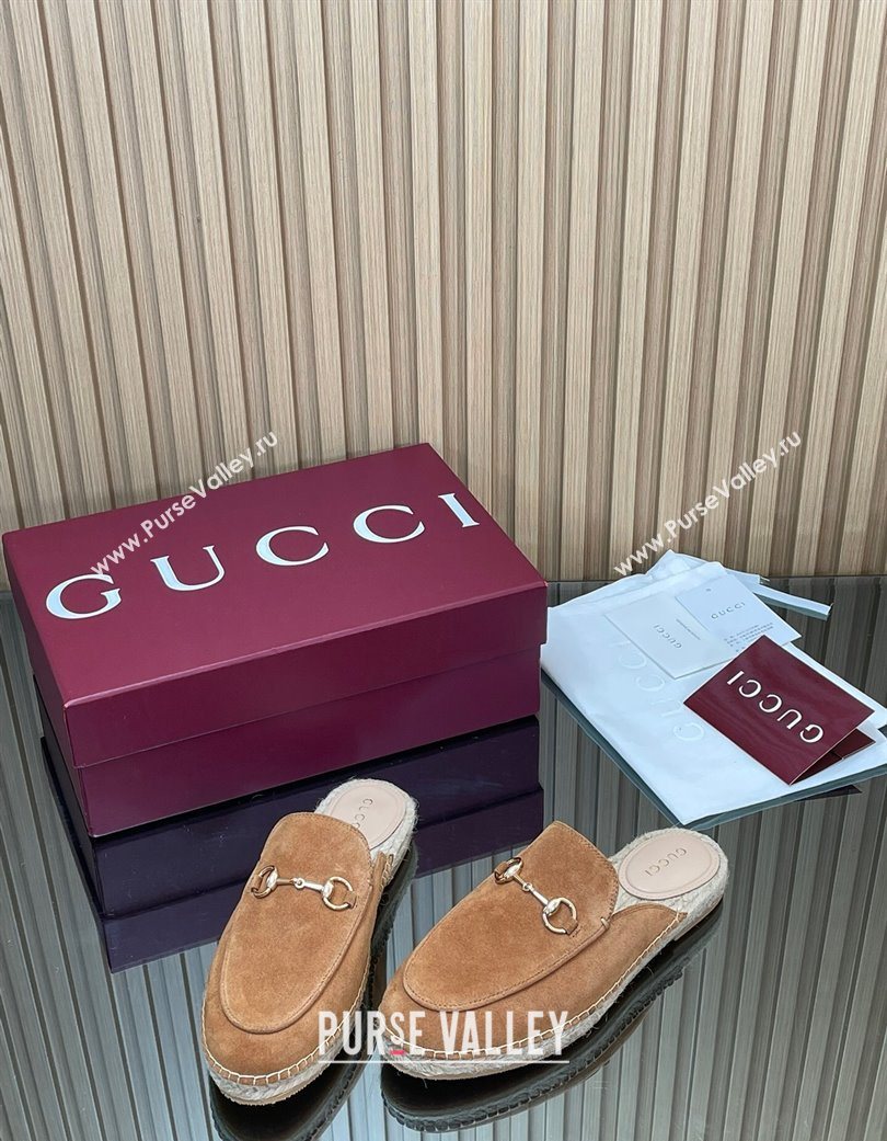 Gucci Suede Flat Espadrille Mules with Horsebit Light Brown 2025 GG121805 (MD-251218120)