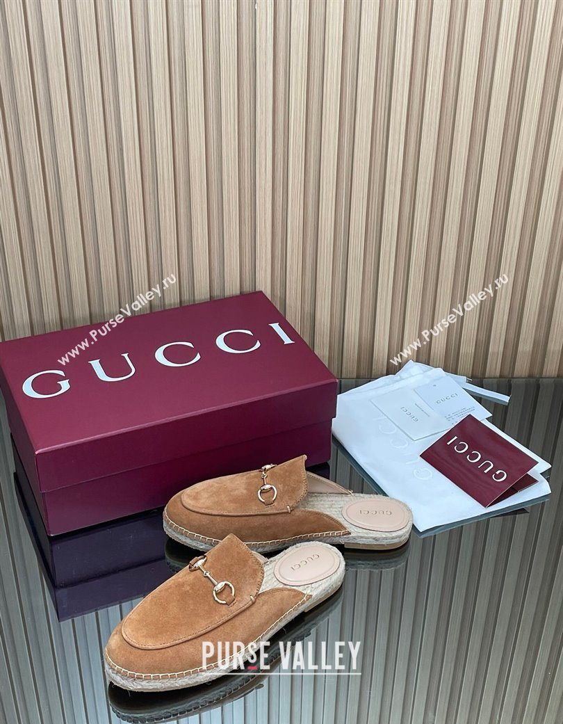 Gucci Suede Flat Espadrille Mules with Horsebit Light Brown 2025 GG121805 (MD-251218120)
