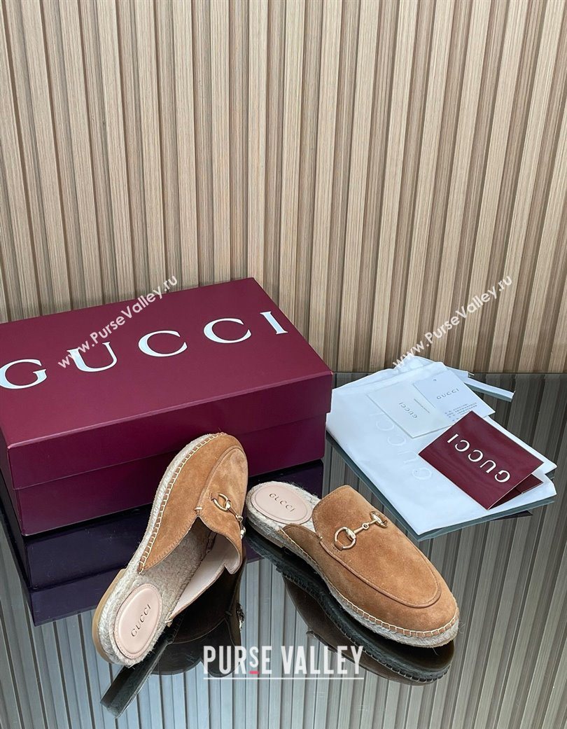 Gucci Suede Flat Espadrille Mules with Horsebit Light Brown 2025 GG121805 (MD-251218120)