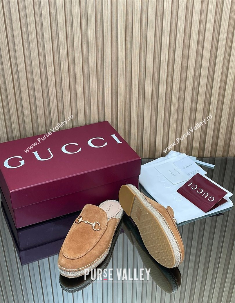 Gucci Suede Flat Espadrille Mules with Horsebit Light Brown 2025 GG121805 (MD-251218120)