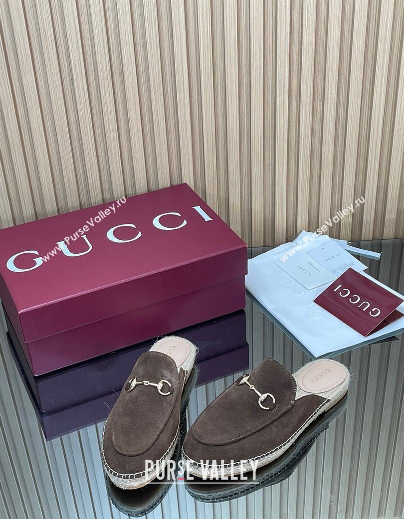 Gucci Suede Flat Espadrille Mules with Horsebit Chocolate Brown 2025 GG121805 (MD-251218121)