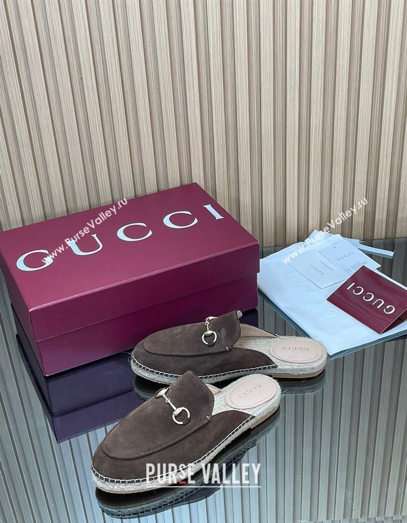 Gucci Suede Flat Espadrille Mules with Horsebit Chocolate Brown 2025 GG121805 (MD-251218121)