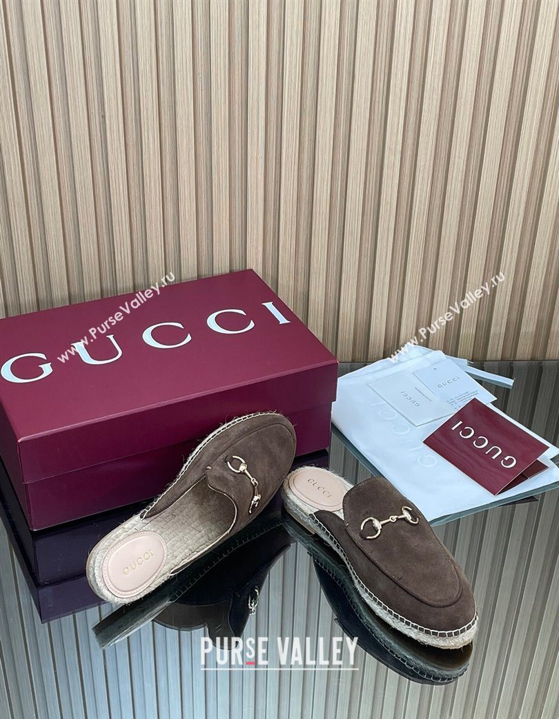 Gucci Suede Flat Espadrille Mules with Horsebit Chocolate Brown 2025 GG121805 (MD-251218121)