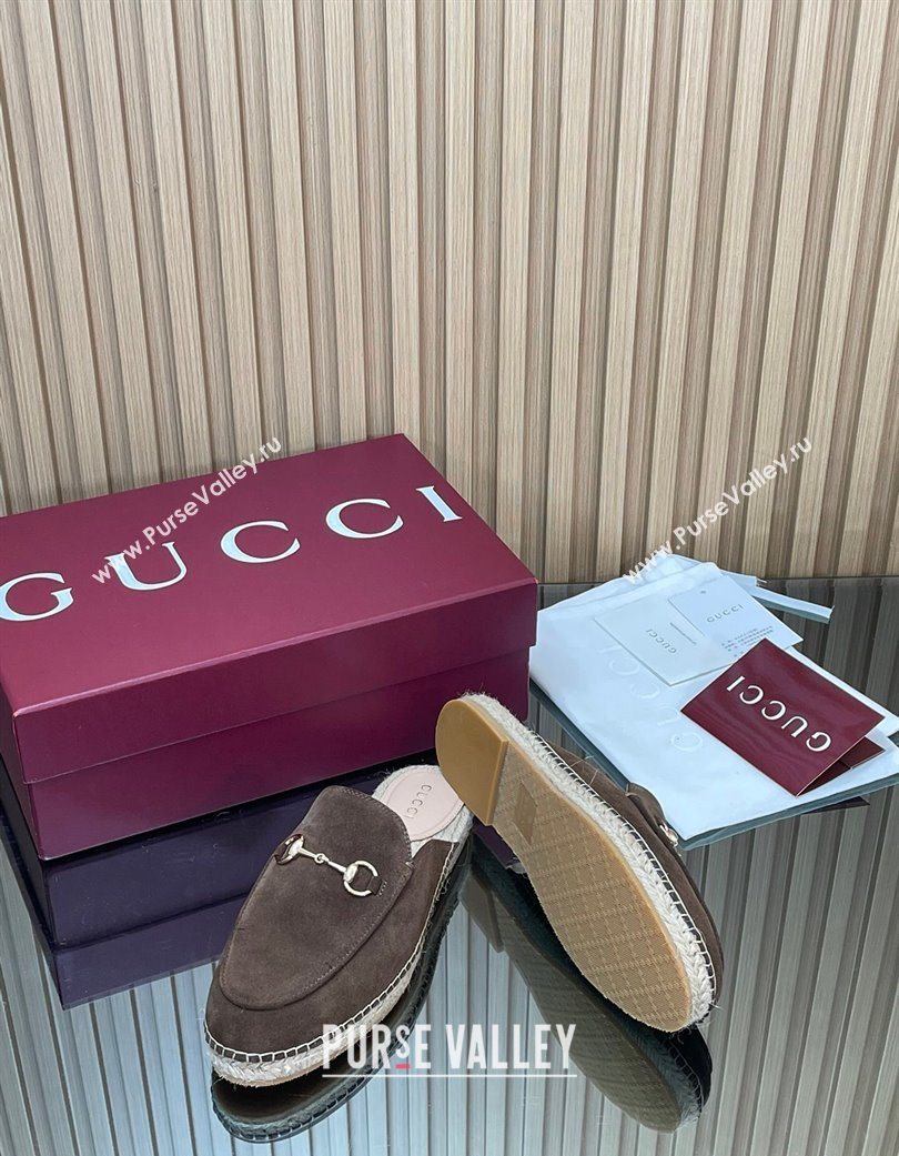 Gucci Suede Flat Espadrille Mules with Horsebit Chocolate Brown 2025 GG121805 (MD-251218121)