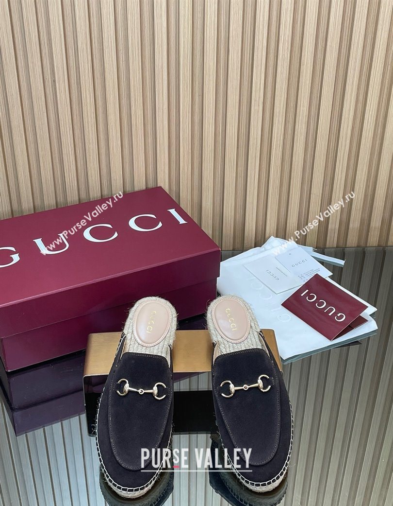 Gucci Suede Flat Espadrille Mules with Horsebit Dark Brown 2025 GG121805 (MD-251218122)