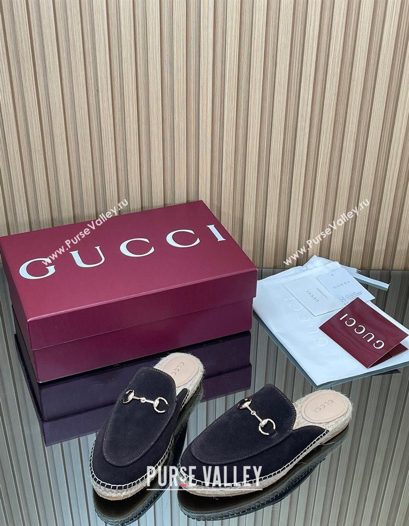 Gucci Suede Flat Espadrille Mules with Horsebit Dark Brown 2025 GG121805 (MD-251218122)