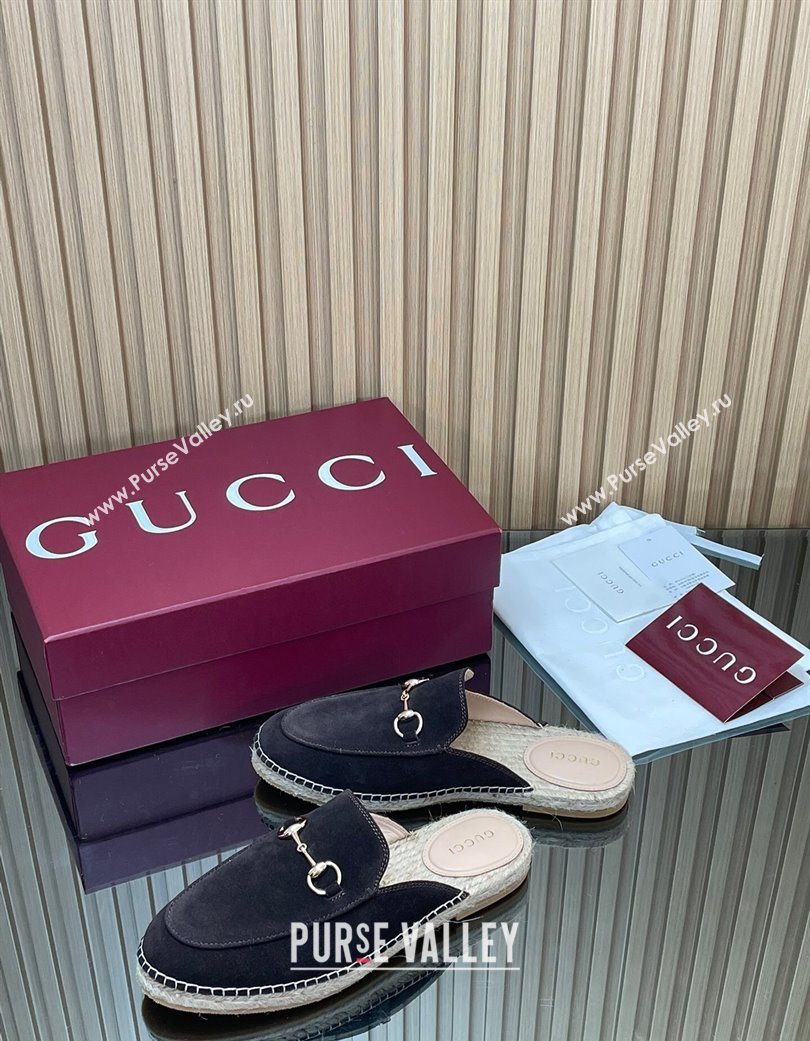 Gucci Suede Flat Espadrille Mules with Horsebit Dark Brown 2025 GG121805 (MD-251218122)