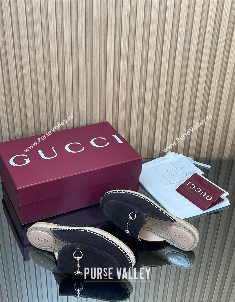 Gucci Suede Flat Espadrille Mules with Horsebit Dark Brown 2025 GG121805 (MD-251218122)