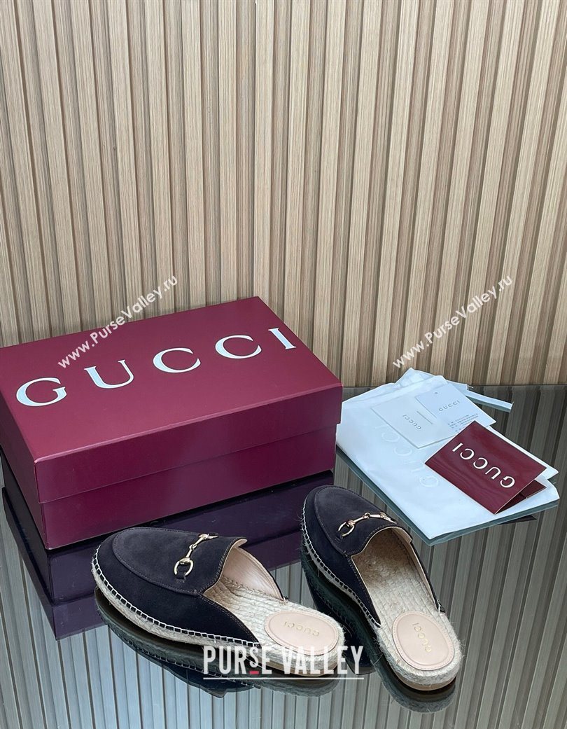 Gucci Suede Flat Espadrille Mules with Horsebit Dark Brown 2025 GG121805 (MD-251218122)