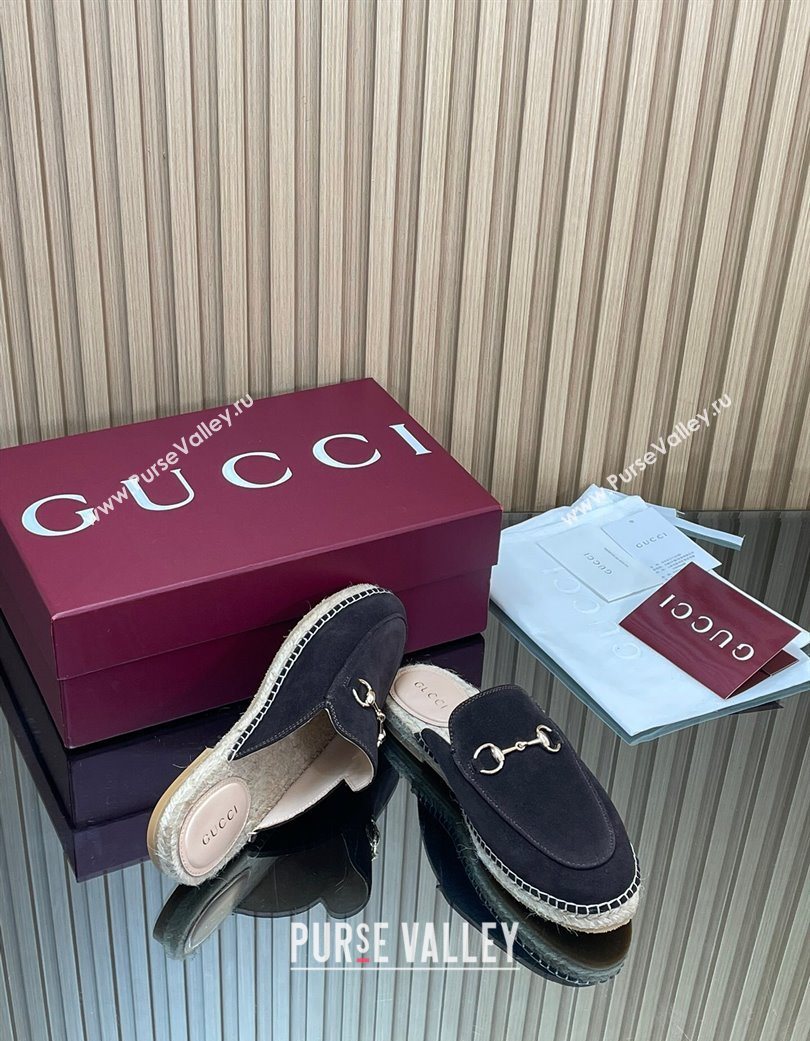 Gucci Suede Flat Espadrille Mules with Horsebit Dark Brown 2025 GG121805 (MD-251218122)