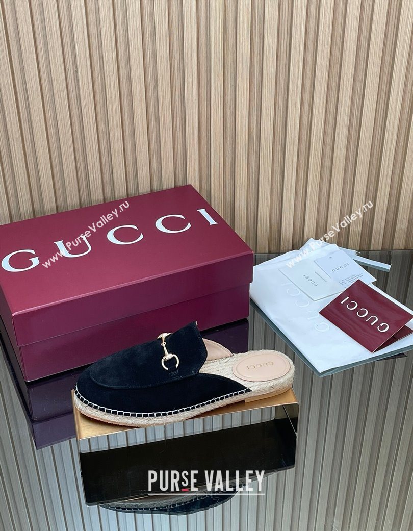 Gucci Suede Flat Espadrille Mules with Horsebit Black 2025 GG121805 (MD-251218123)