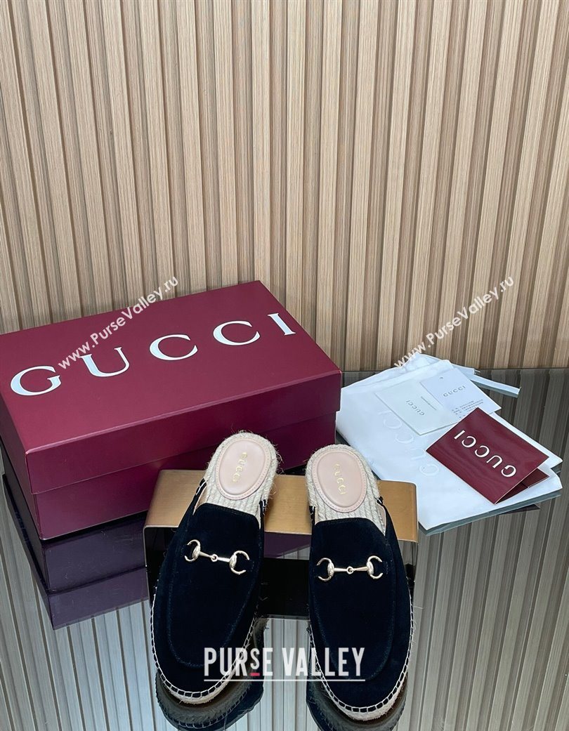 Gucci Suede Flat Espadrille Mules with Horsebit Black 2025 GG121805 (MD-251218123)