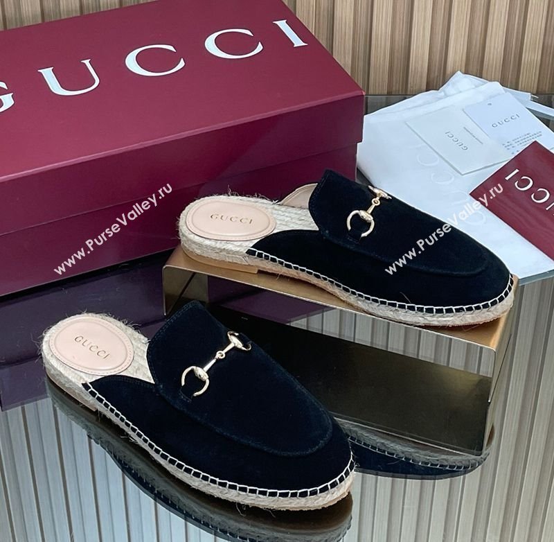 Gucci Suede Flat Espadrille Mules with Horsebit Black 2025 GG121805 (MD-251218123)
