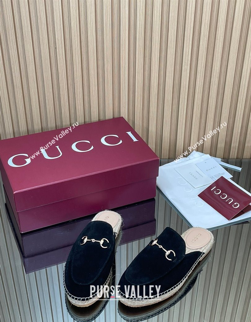 Gucci Suede Flat Espadrille Mules with Horsebit Black 2025 GG121805 (MD-251218123)