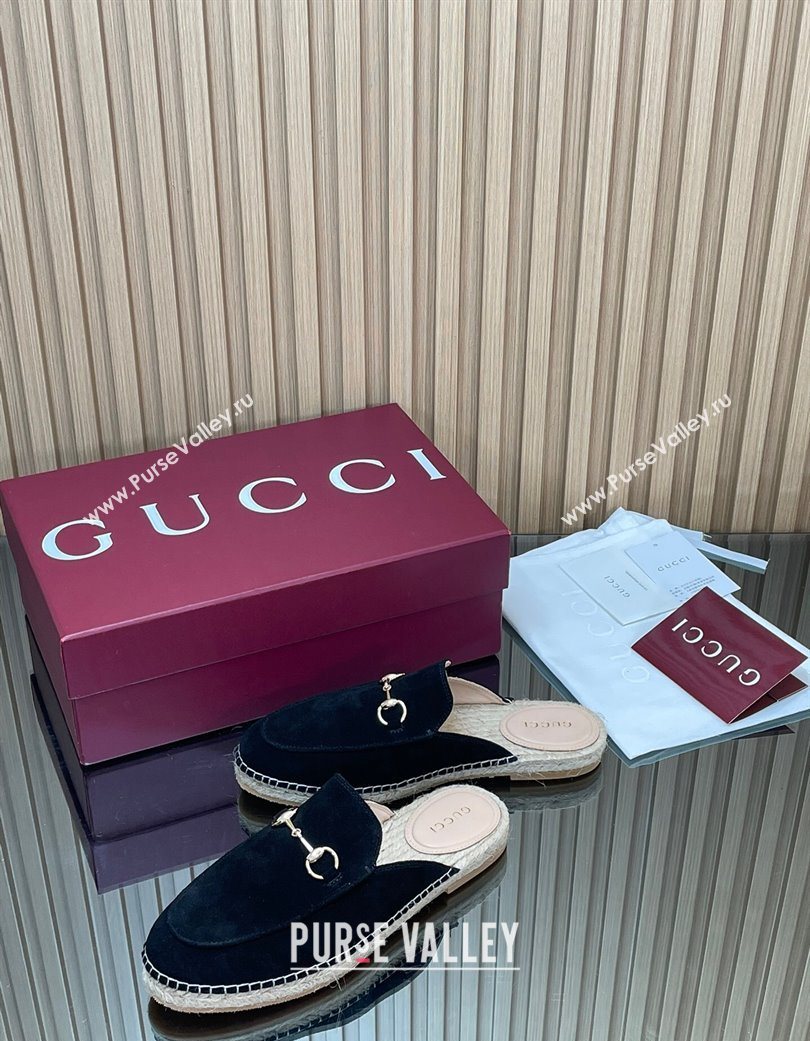 Gucci Suede Flat Espadrille Mules with Horsebit Black 2025 GG121805 (MD-251218123)