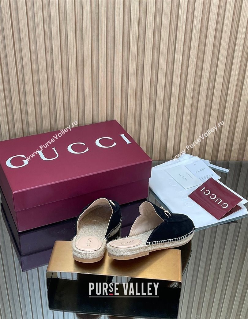 Gucci Suede Flat Espadrille Mules with Horsebit Black 2025 GG121805 (MD-251218123)