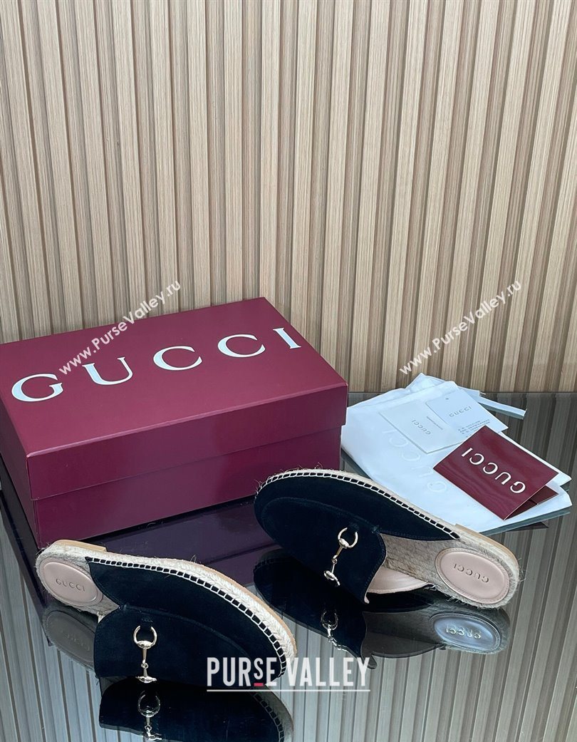 Gucci Suede Flat Espadrille Mules with Horsebit Black 2025 GG121805 (MD-251218123)