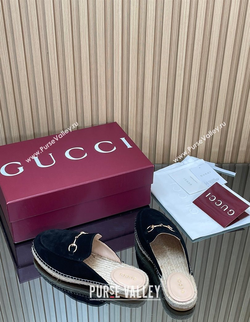Gucci Suede Flat Espadrille Mules with Horsebit Black 2025 GG121805 (MD-251218123)