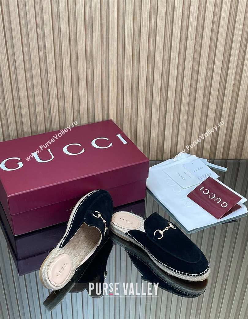 Gucci Suede Flat Espadrille Mules with Horsebit Black 2025 GG121805 (MD-251218123)