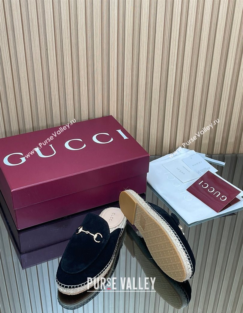 Gucci Suede Flat Espadrille Mules with Horsebit Black 2025 GG121805 (MD-251218123)