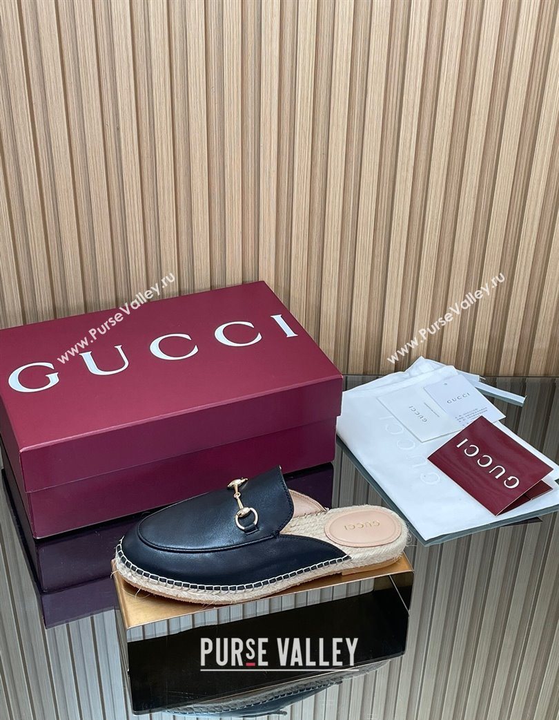 Gucci Calf Leather Flat Espadrille Mules with Horsebit Black 2025 GG121805 (MD-251218124)