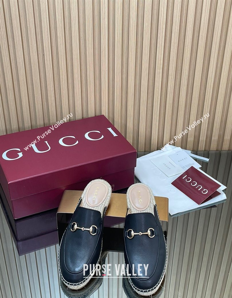 Gucci Calf Leather Flat Espadrille Mules with Horsebit Black 2025 GG121805 (MD-251218124)